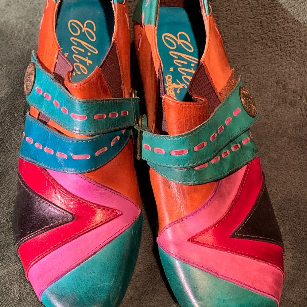 Elite by Corky Sz 10 NWOT multicolored leather 3 inch stacked wood heel - Picture 3 of 8